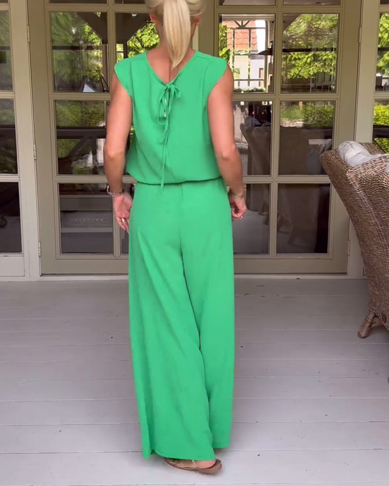 Einfarbiges ärmelloses, hohles Tanktop mit weitem Bein Hosen Set