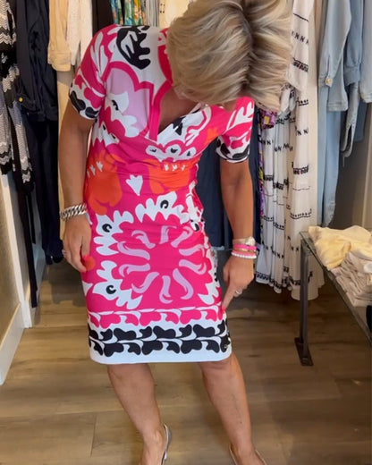 Kurzärmliges, bedrucktes V-Ausschnitt-Kleid