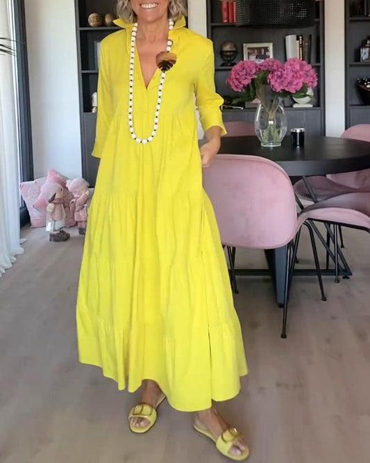 Lässiges einfarbiges Revers-Taschen-Patchwork-Kleid