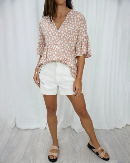 Bluse mit V-Ausschnitt und Trompetenärmeln im Blumenmuster