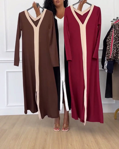 Kontrastfarbe V-Ausschnitt Schlitz elegantes Kleid