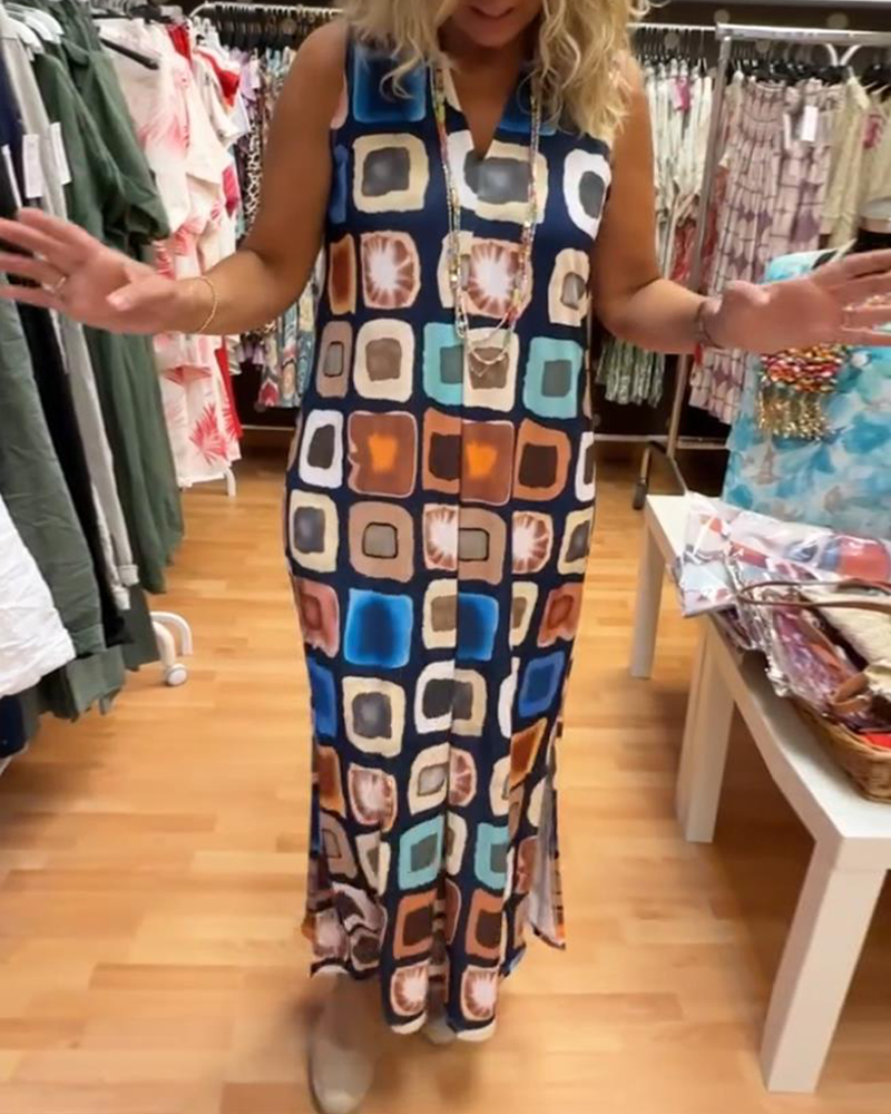 Ärmelloses V-Ausschnitt bedrucktes lockeres Kleid