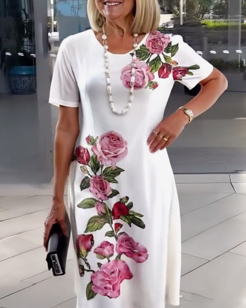Kurzärmliges Shiftkleid mit Rosenmuster