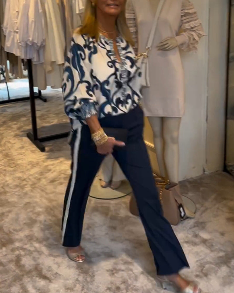 Retro-Muster Druck Laternenärmel Bluse