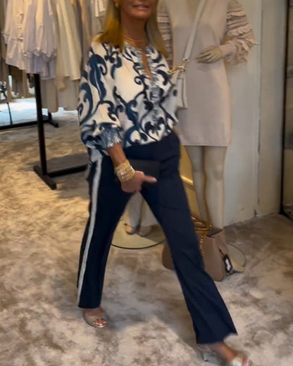 Retro-Muster Druck Laternenärmel Bluse