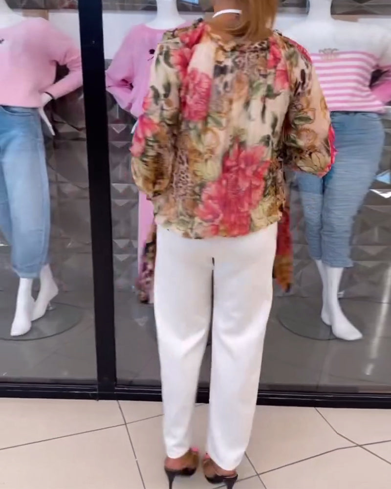 V-Ausschnitt Blumenmuster Bluse