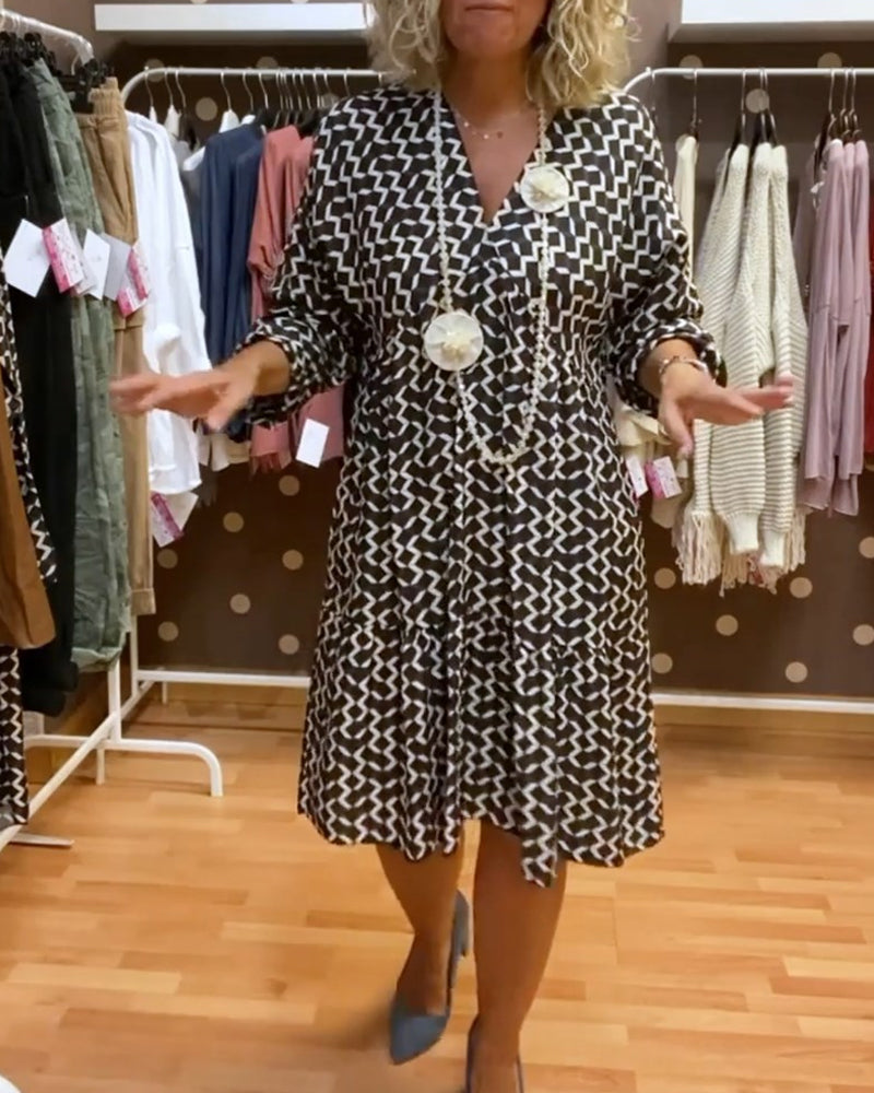 Geometrischer Druck V-Ausschnitt Freizeitkleid