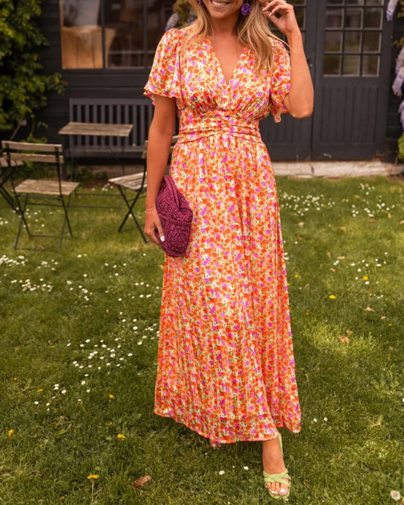 V-Ausschnitt Taillenblumen Kleid