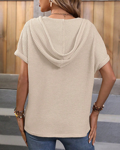 Button Batwing Sleeve Drawstring Hooded Top