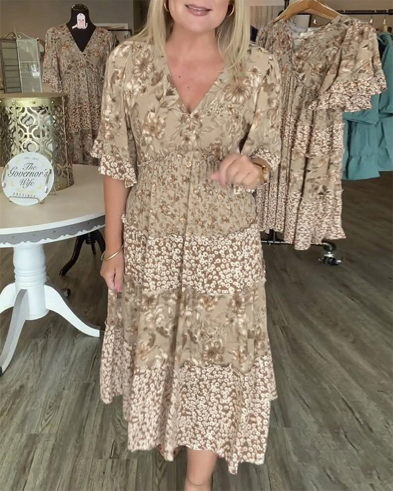 V-Ausschnitt Lotus Ärmel Blumen Kleid