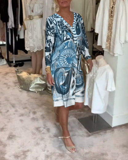 Retro-Druck V-Ausschnitt Freizeitkleid