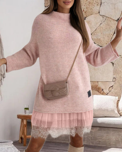 Lässiger einfarbiger Pullover mit hohem Kragen und Netzkleid-Set