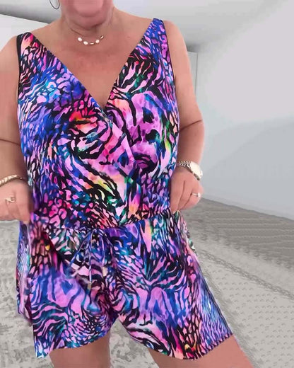 V-Ausschnitt Bunter Print Einteiler Badeanzug