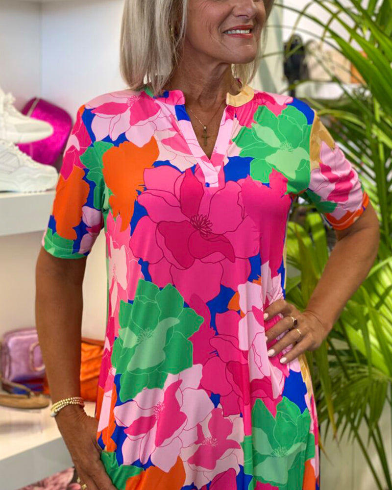 V-Ausschnitt Kurzarm Blumenkleid