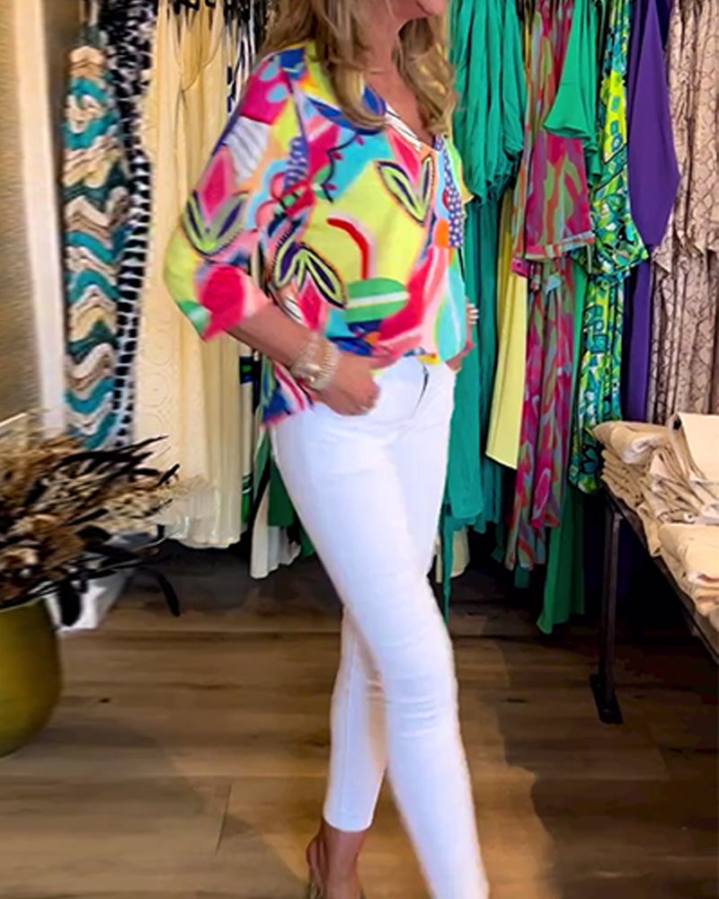 Langärmlige lockere bedruckte Bluse