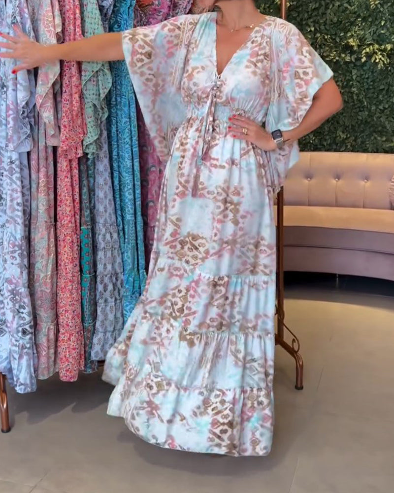 V-Ausschnitt bedrucktes Schmetterlingsärmel Maxikleid