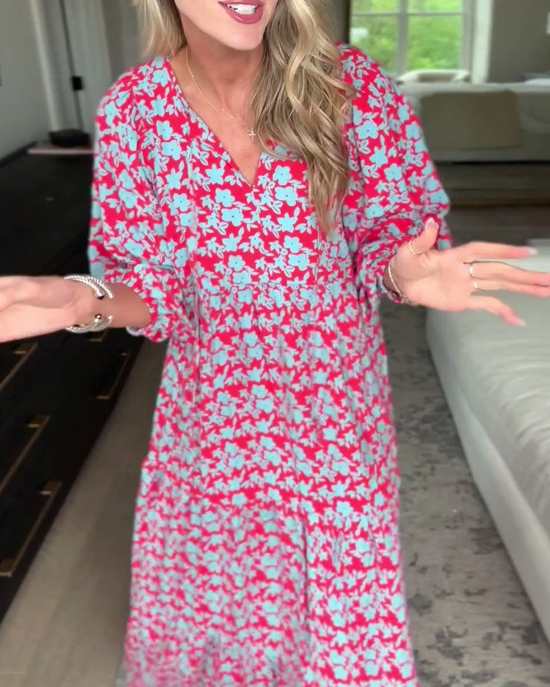 V-Ausschnitt Laternenärmel Blumenlanges Kleid