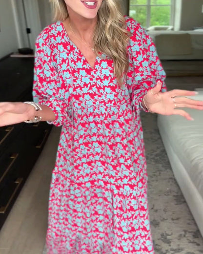 V-Ausschnitt Laternenärmel Blumenlanges Kleid