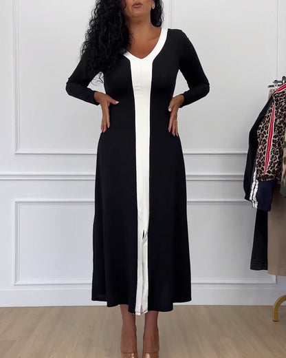 Kontrastfarbe V-Ausschnitt Schlitz elegantes Kleid