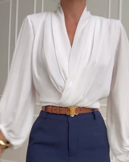 Mode unifarbene V-Ausschnitt Laternenärmel Bluse