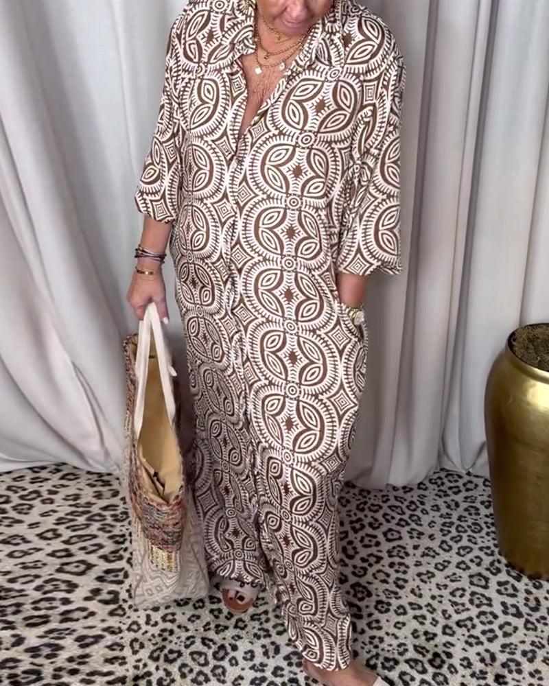 Vintage bedrucktes Revers-Taschen-Maxi-Kleid