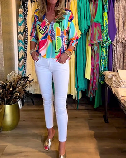 Langärmlige lockere bedruckte Bluse