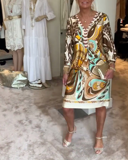 Retro-Druck V-Ausschnitt Freizeitkleid
