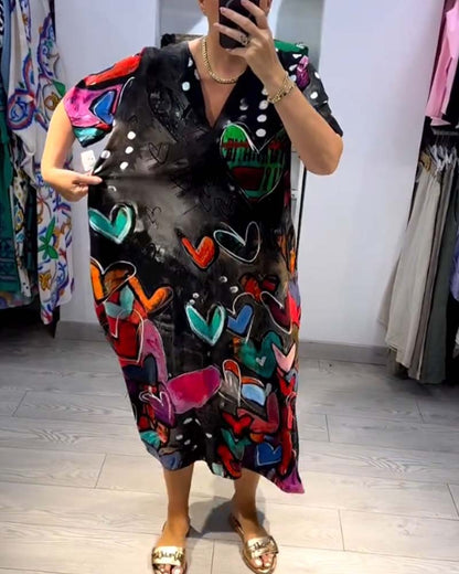 V-Ausschnitt bedrucktes Liebes Freizeitkleid