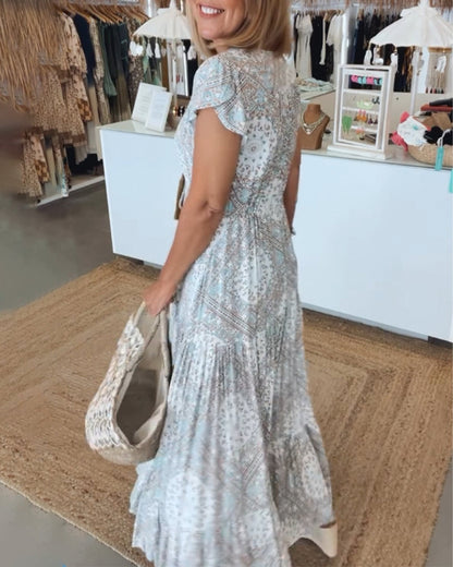 Urlaubsdruck V-Ausschnitt Kleid mit Schlitzärmeln