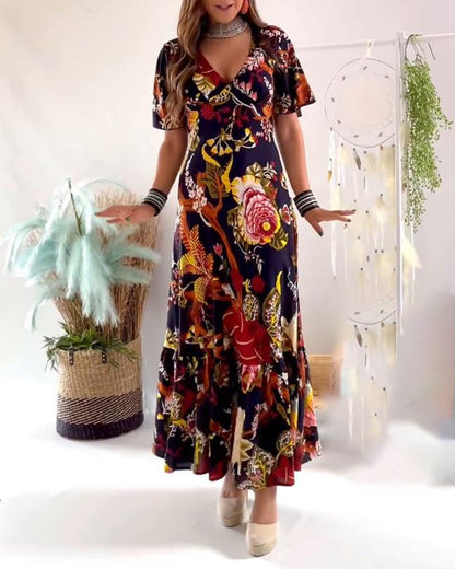 Elegantes bedrucktes V-Ausschnitt-Kurzarmkleid