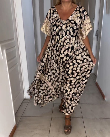 V-Ausschnitt bedrucktes kurzärmliges Kleid