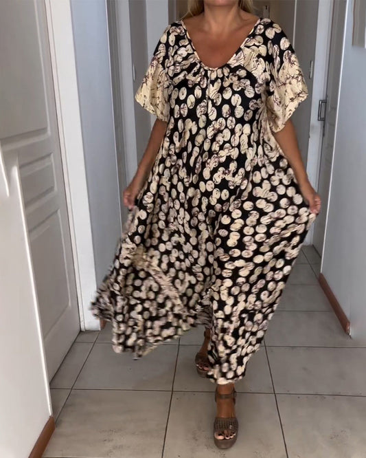 V-Ausschnitt bedrucktes kurzärmliges Kleid