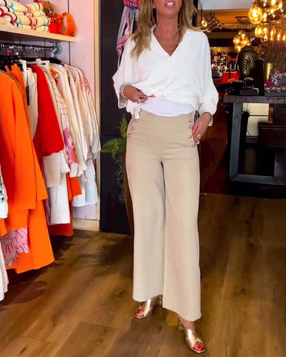 Einfarbige V-Ausschnitt Bluse