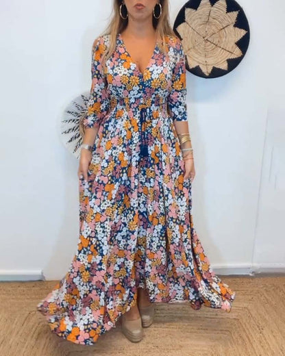 Tiefes V-Ausschnitt Blumenkleid