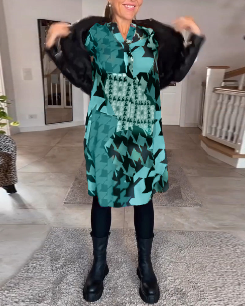 Bedrucktes V-Ausschnitt Langarmkleid