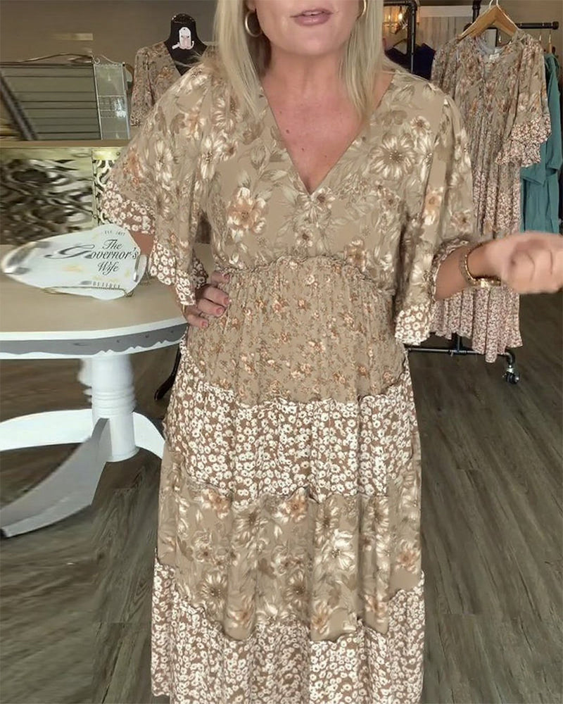 V-Ausschnitt Lotus Ärmel Blumen Kleid