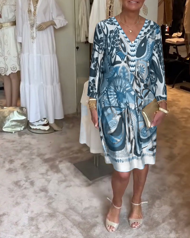 Retro-Druck V-Ausschnitt Freizeitkleid