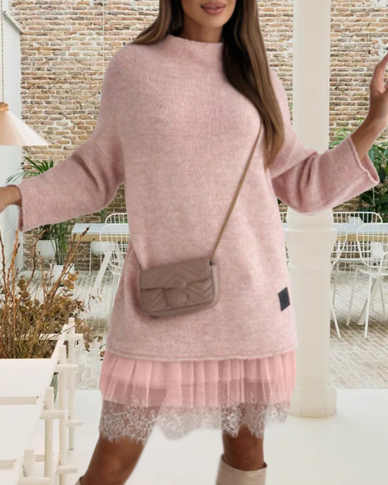 Lässiger einfarbiger Pullover mit hohem Kragen und Netzkleid-Set