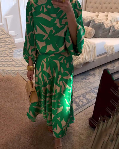 Temperament Gedruckte Laternenärmel Freizeitkleid Set