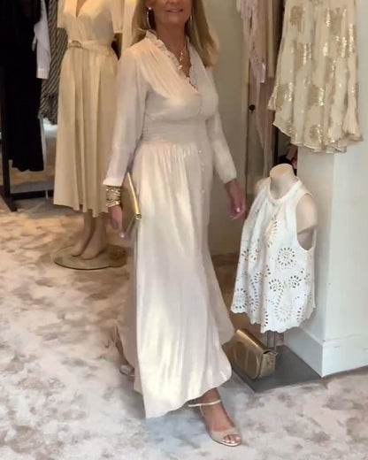 Spitzenkragen knopfgeschlossenes langes Kleid