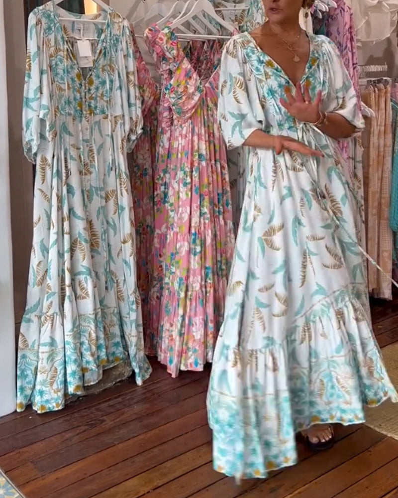 Damen Maxikleid mit V-Ausschnitt und Blattdruck