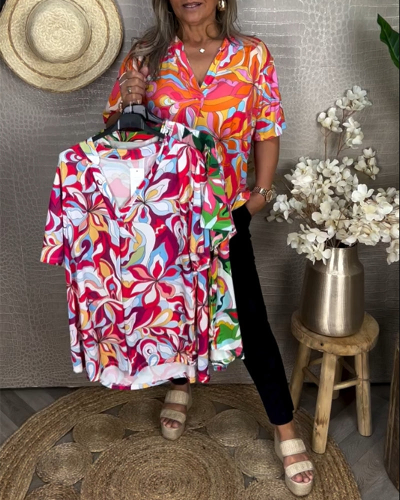 Buntes V-Ausschnitt T-Shirt mit kurzen Ärmeln