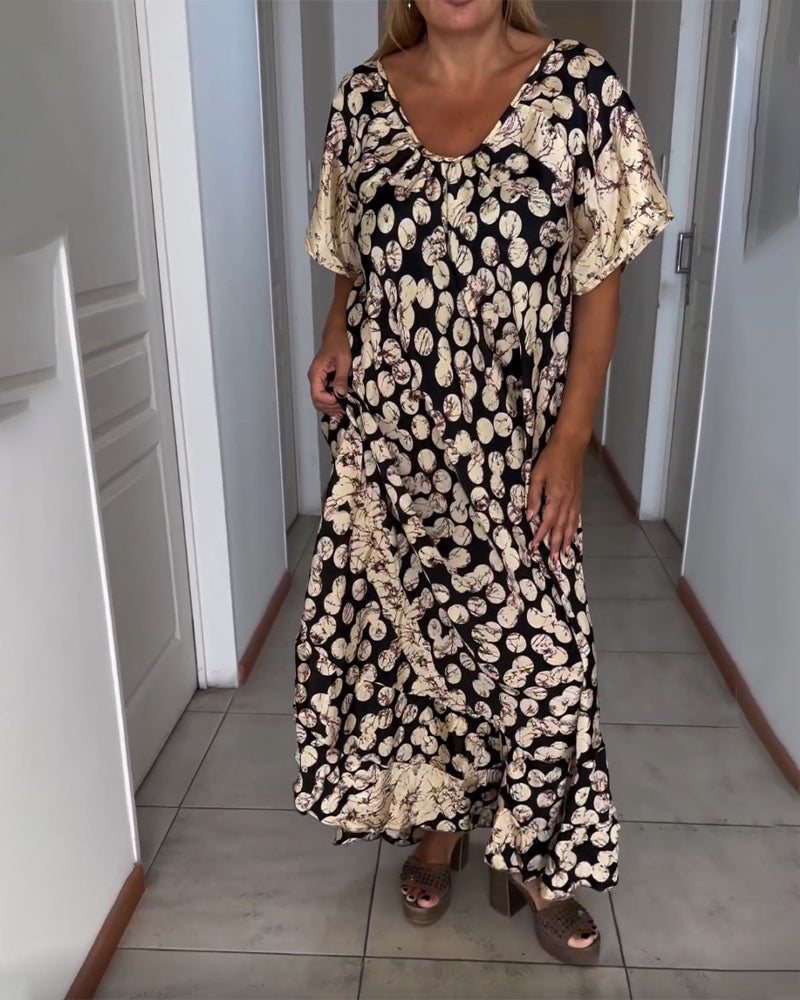 V-Ausschnitt bedrucktes kurzärmliges Kleid