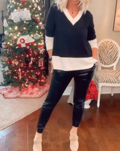 Farbenblock V-Ausschnitt lässiges Oberteil