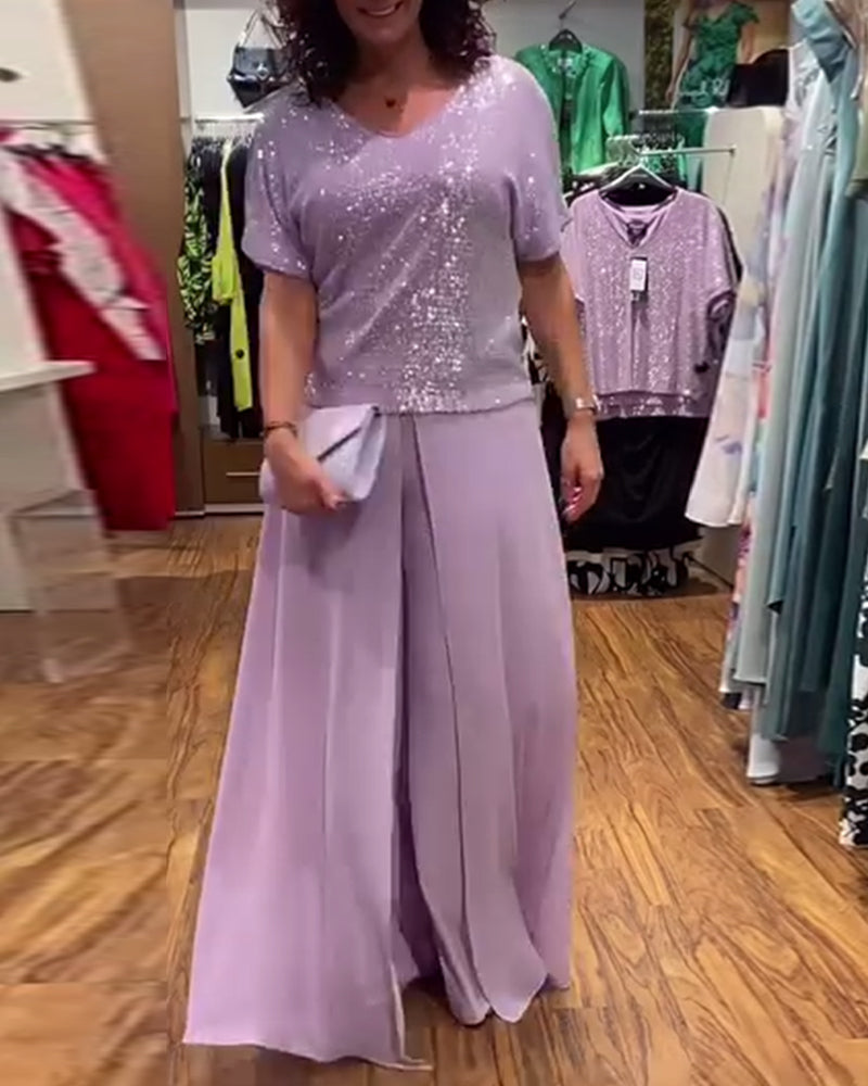 V-Ausschnitt kurzärmlige lockere Paillettenbluse