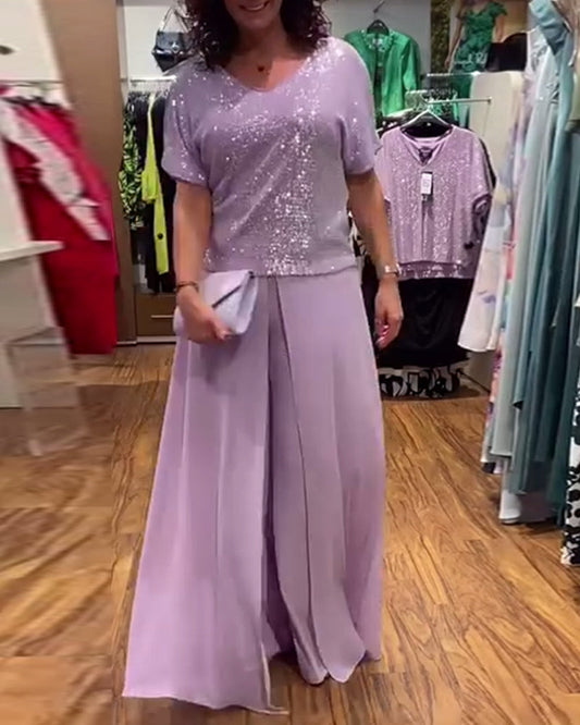 V-Ausschnitt kurzärmlige lockere Paillettenbluse