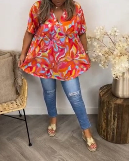 Buntes V-Ausschnitt T-Shirt mit kurzen Ärmeln