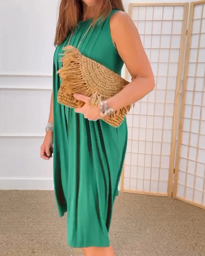 Ärmelloses Rundhals Faltenkleid