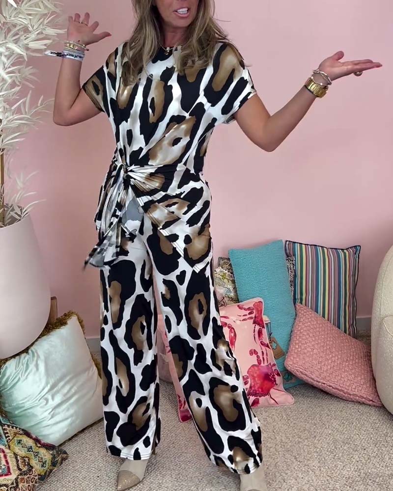 Leopard-Print Schnürung lässiges Zweiteiler-Set