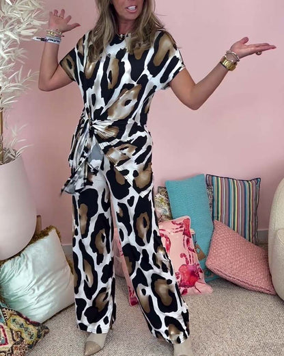 Leopard-Print Schnürung lässiges Zweiteiler-Set